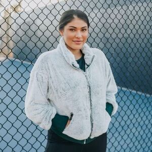 Senita Athletics Sherpa Bomber Full Zip-Up Fuzzy Fleece Jacket Gray Green XL